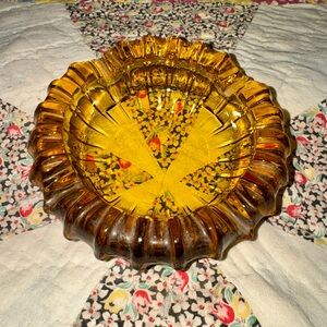 Vintage MCM Amber Ashtray Heavy Glass